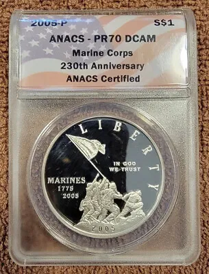 2005 P $1 Marine Corps Commemorative Silver Dollar Coin ANACS PR70 DCAM • $70