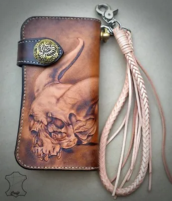 Custom Biker Skull Carved Wallet Chain Handmade Leather Mens Wallet Gift X71 • $189.99