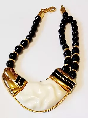 Vintage Signed Alexis Kirk Black Gold & Cream Chunky Statement Necklace Large • $20.50