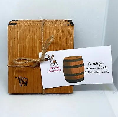 Oak Whisky Barrel Coasters With Highland Cow Silhoutte • £10
