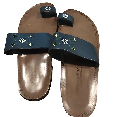 Montego Bay Women's Sandal Size 10 Leather Made In Brazil Navy Flower Embossed • $8.90