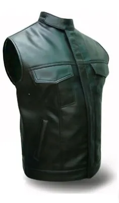 Mens Biker Style SOA Vest Real Cow Leather Black Motorcycle Vest Waistcoat • £69.99