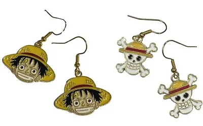 One Piece Anime Gold Alloy Enamel Drop Earrings - Luffy Or Skull & Crossbones • $7.52