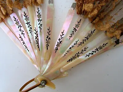 Antique Mother Of Pearl Engraved Foil Floral Deco Fan For Restore • $37