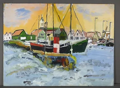 Vintage Oil Painting - Boat Harbor Scene • $28