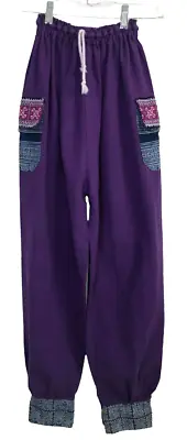 Boho Hippie Gypsy Joggers Harem Pants Purple Cross Stitch Pockets Small/Medium • $34.99