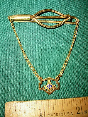 Vintage Gold Tone Tie Clip With Chain And Masonic Emblem - B • $12.50