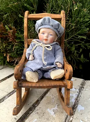 Vintage 5  Jointed Bisque Baby Boy Doll Wearing Blue Sailor Suit In Wood Rocker • $24.99
