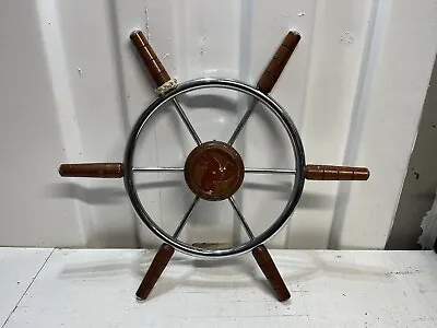Vintage Chromed Brass And Wood Ship’s Steering Wheel Tollycraft Steering Wheel  • $175