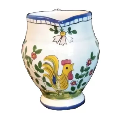 Vintage Hand Painted Pottery Pitcher W Rooster & Flowers Portugal 6.5  Tall EUC • $26.84