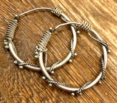 Vintage Sterling Silver Bali Rope Bead Hoops - 1.25  Diameter • $29.99