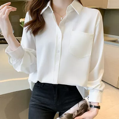 Vintage Women Pocket Long Sleeve Solid Loose Work Button Down Shirt Blouses Tops • $36.16