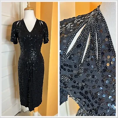 Vintage 1940’s Fully Beaded Sequined Keyhole Cut Out Cocktail Dress Bell Talon  • $89