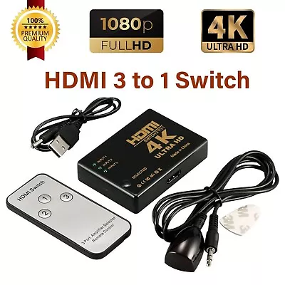 4K HDMI Switch Switcher 3 Port Splitter Hub IR Remote For HDTV PS3 3 In 1 Out UK • £7.49