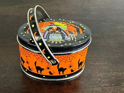 Vintage Keller Charles Of Philadelphia Mini Halloween Tin Box Handle Witch Cat • $21.99