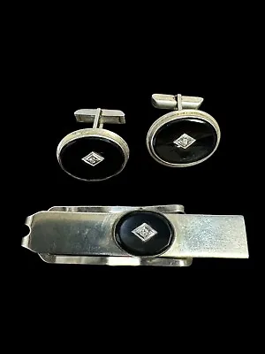 Vintage Esemco Sterling Silver Onyx & Diamond Cuff Links & Tie Tack Set • $44.99