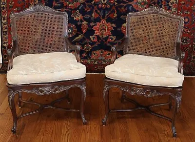 ​ Louis XV Style Shell Carved Caned Arm Chairs Pair • $1200