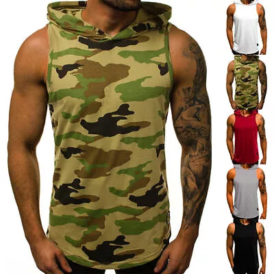 UK Man Gym Sleeveless Hoodie Fitness Sports Muscle Hooded Vest Tank Top T-Shirt. • £13.85