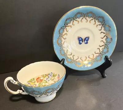 Vintage Aynsley Wild Flowers Footed Tea Cup Butterfly & Saucer Fine Bone China • £33.11