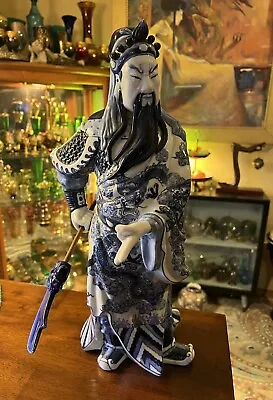 $250 • Buy Lord Guan Gong Warrior Chinese Blue & White Hand Painted Porcelain Statue 18”