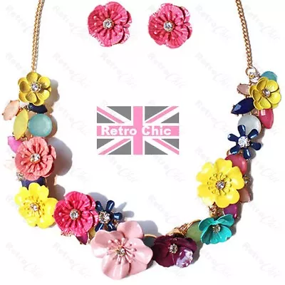 £6.99 • Buy RETRO MULTI FLOWER Enamelled Metal CRYSTAL Flowers NECKLACE EARRINGS SET Vintage