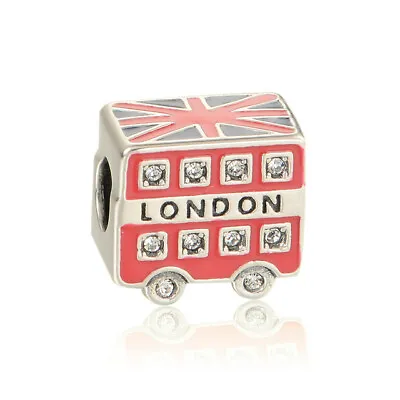 925 Sterling Silver London Bus Charm Red Enamel CZ Union Flag Christmas  Gift • £14.99