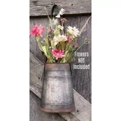 New Farmhouse Primitive Rustic METAL WALL BASKET LEATHER STRAP Hanging Bucket • $21.99