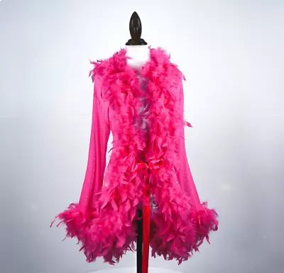 Vintage 90s Y2K Mesh Hot Pink Feather Babydoll Duster Lingerie Jacket • $148