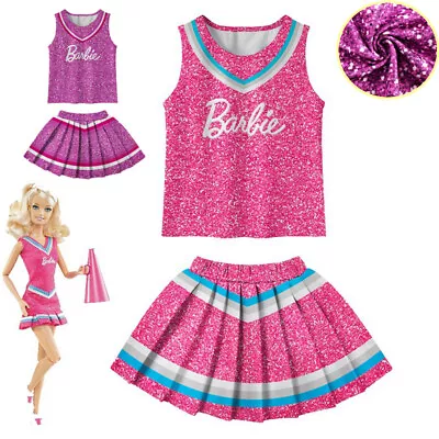 Kids Girls Barbie Costume Cosply Cheerleader Fancy Dress Vest Skirt Outfit Sets • £11.39