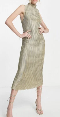$50 • Buy ASOS Design Satin Plisse Midi Dress In Sage - Size 16