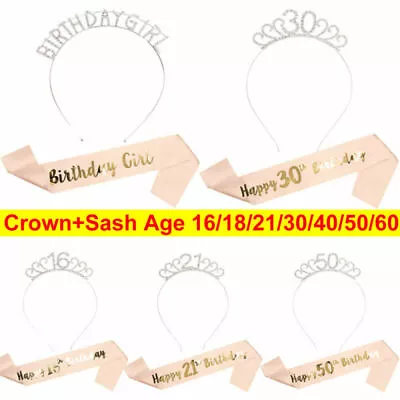 Happy Birthday Sash Tiara Set 16/18/21st/30/50/60th Girl Crown Rose Gold Party • £4.79