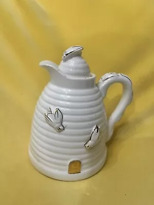 Vintage Beehive White Gold Honey Cream Jar Ceramic 1950s Cottagecore Bees • $21