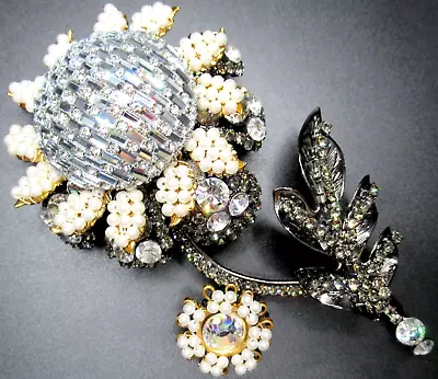 LAWRENCE VRBA Huge 5.5  Invisibly Set Baguette Rhinestone Flower Pin Brooch • $499.99