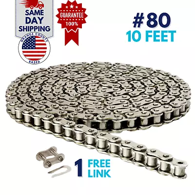 #80NP Nickel Plated Roller Chain 10 Feet With 1 Connecting Link Anti-Corrosion • $77.99