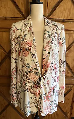 Zara Women Ivory Multi-Color Floral Birds Jacket Blazer Size Large • $20