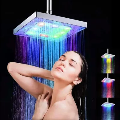 8  Square Rain Shower Head LED Lights 7 Color Rainfall Thin Top Spray Showerhead • $19.94