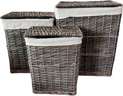 Set Of 3 Willow Wicker Basket With Lining & Lid Small/Medium/Large Laundry Linen • £22.99