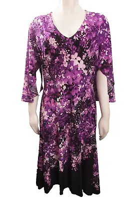 Marc Bouwer Purple Floral Dress White Print Size Medium Flowy Fit & Flare Dressy • $16.99