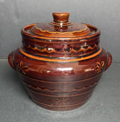 Marcrest Stoneware Bean Pot Crock W Lid DAISY DOT Ovenproof Brown Vintage (D) • $17.49