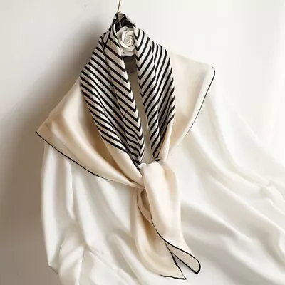 100% Real Mulberry Silk Women New Luxury Striped Square Scarf Shawl Beige Black • £29.83