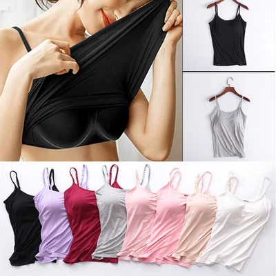$16.62 • Buy Women With Built-in Bra Adjustable Strap Tank Tops Round Neck Vest Camisole AU
