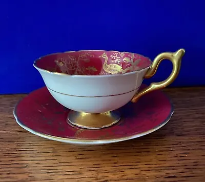 Coalport Bone China Teacup And Saucer Red And Gold Oriental Design • £25