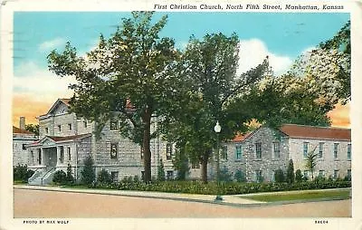 Manhattan Kansas~Big Trees On N 5th St~First Christian Church~1939 Postcard • $6