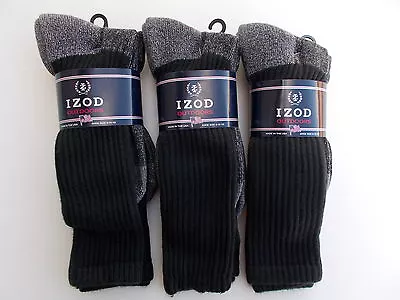 Izod Made In USA Crew Socks Black With Gray Bottom 6 Pairs Shoe Size 8-11 • $19.99