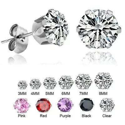 $6.19 • Buy 1 Pair Stainless Steel CZ Cubic Zirconia Crystal Stud 3-8mm Surgical Women Men