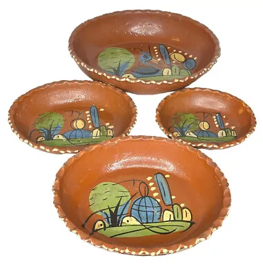 Vintage Set Of 4 Red Clay Painted Oval Mexican Pottery Nesting Bowls Fluted • $45