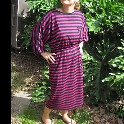Timely Trends Magenta Purple Black Striped Long Sleeve Retro Dress Pocket Deco • $50