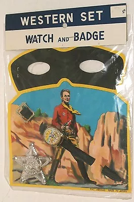 $12 • Buy 1960s JAPAN Vintage COWBOY Sheriff TIN BADGE / TOY WATCH W/ LONE RANGER MASK MOC