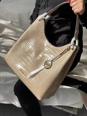 Michael Kors  Joan Slouchy Embossed Leather Shoulder Handbag Purse Bag Beige Lg • $139