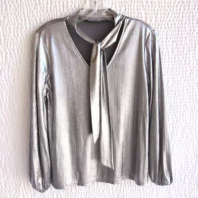 Metallic Silver Shirt Top Blouse S Long Sleeve Your Inspiration Vneck Tie Neck • $22